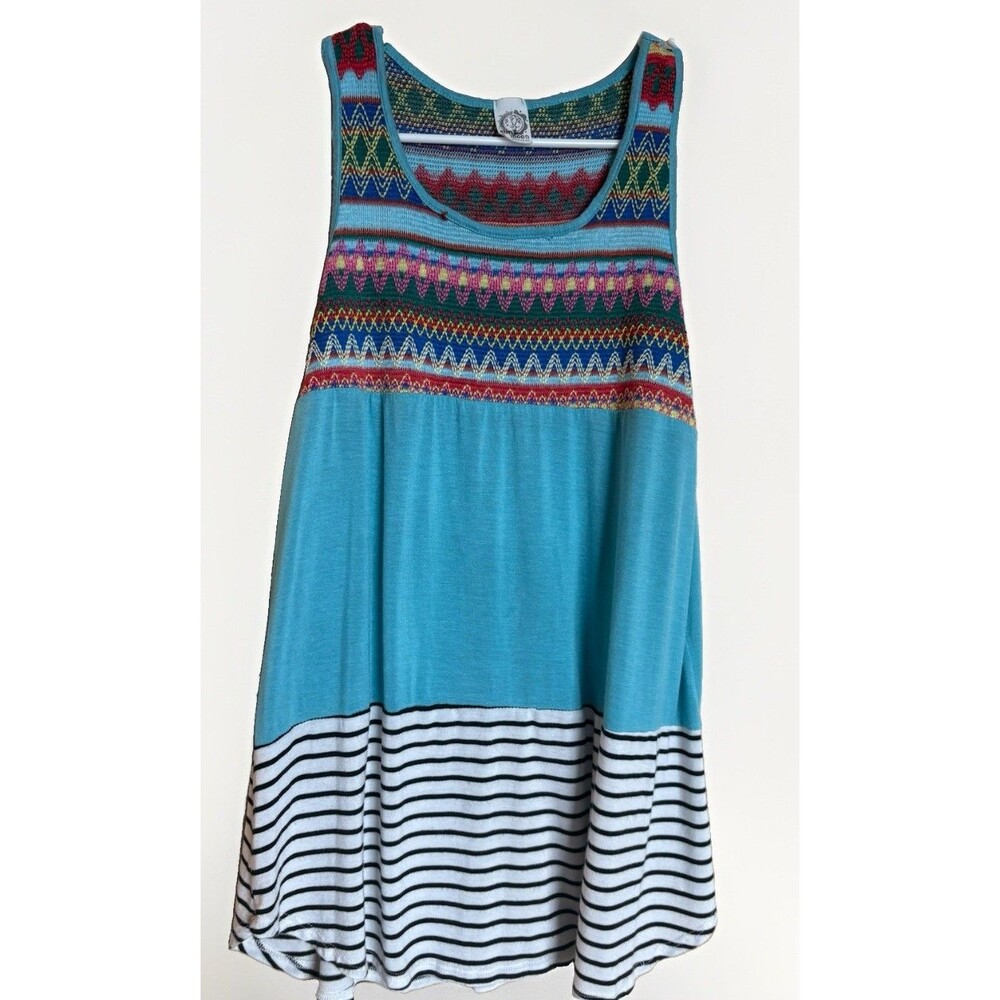boho-style tank top features a colorful embroidered Aztec